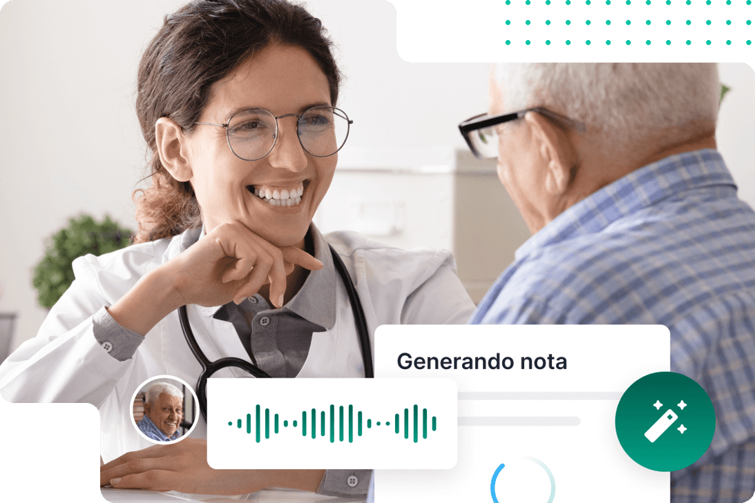 asistente virtual médico con IA, doctora con lentes sonriendo a paciente mayor, en consulta mientras está utilizando Noa Notes para generar nota médica